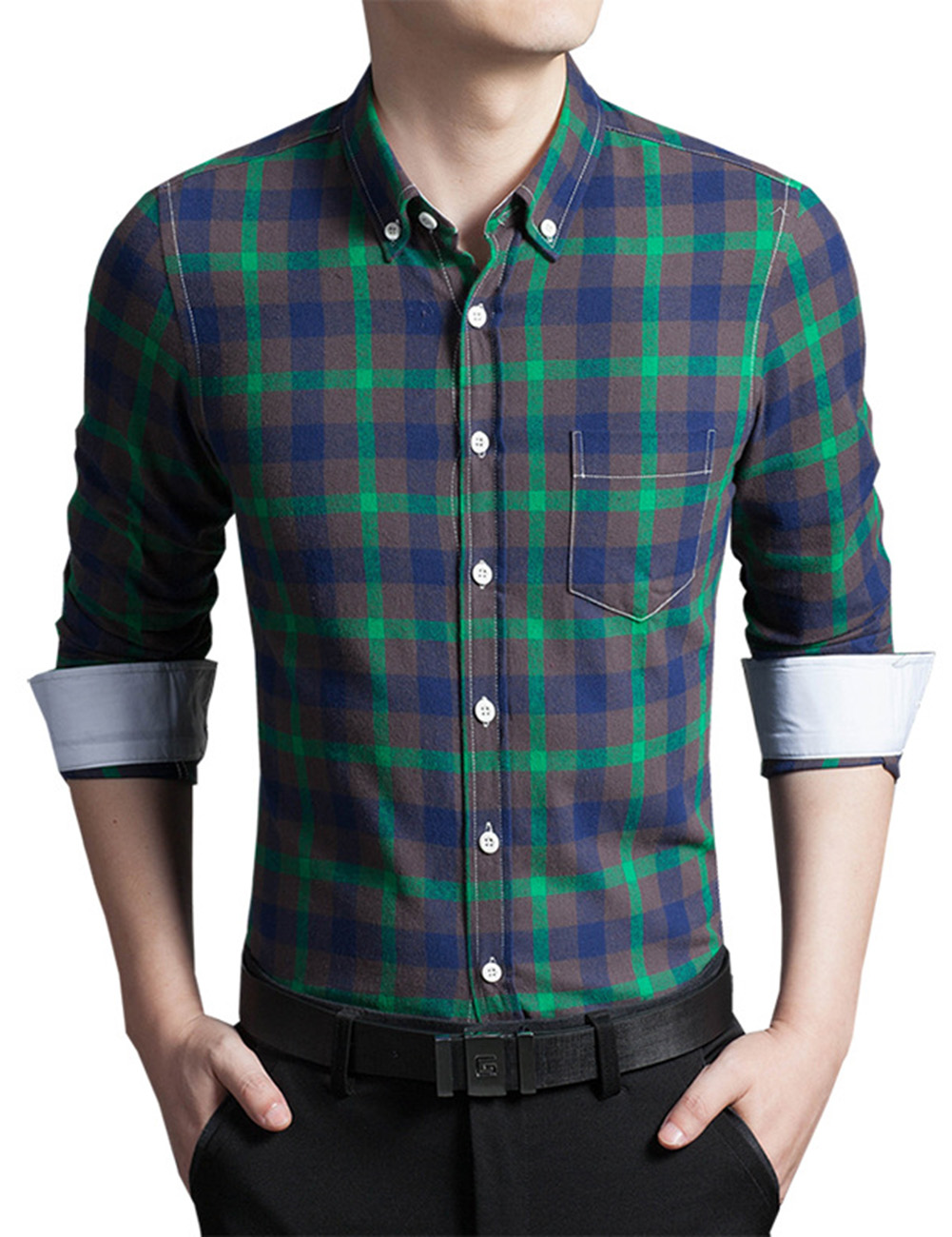 Men's Spring Contrast Plaid Long Sleeve Button-down Shirt Green 2XL | eBay